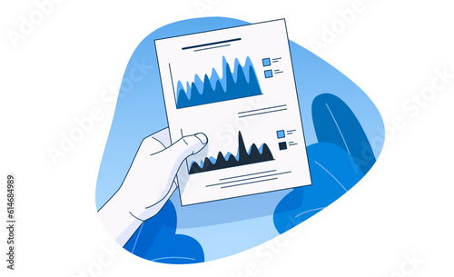 Hand holds paper with business charts. Business analytics and accounting concept. Modern flat style.