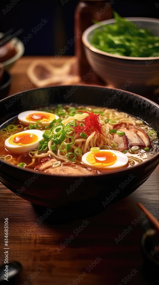 Rustic Delight: A Masterpiece of Japanese Ramen on a Wooden Table 2. Generative AI