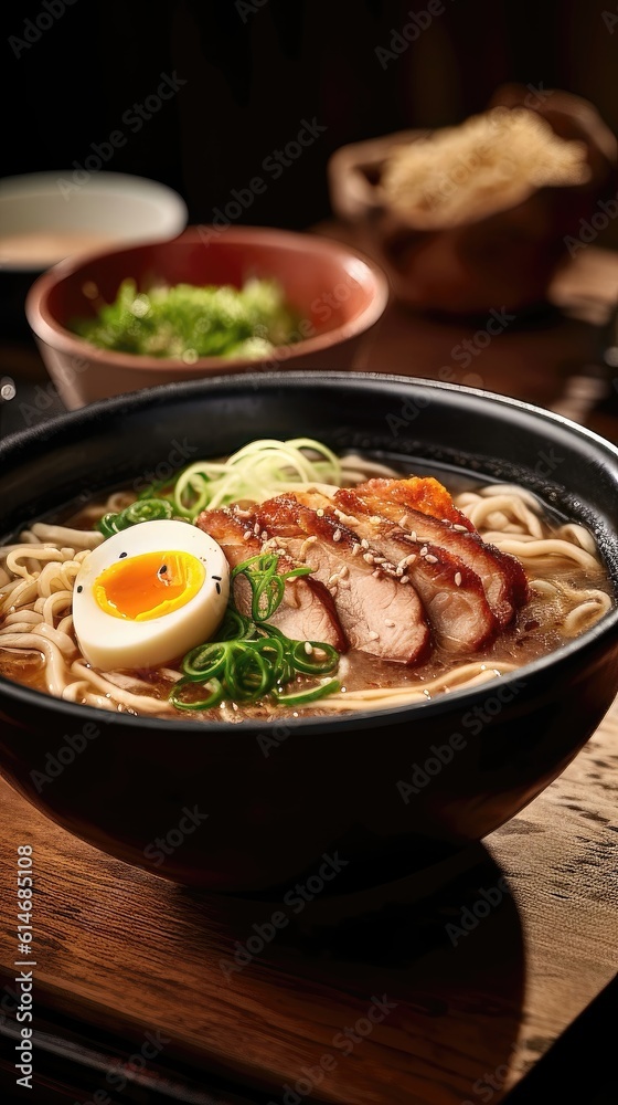 Rustic Delight: A Masterpiece of Japanese Ramen on a Wooden Table 1. Generative AI Rustic Delight: A Masterpiece of Japanese Ramen on a Wooden Table 1. Generative AI