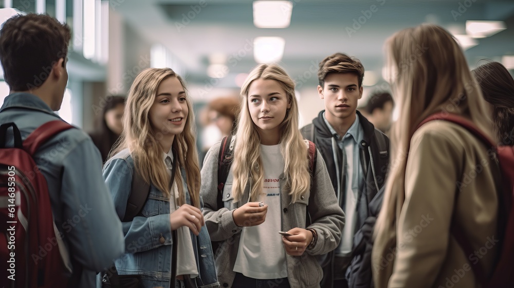 Obraz premium Group of students in the school corridor - Students talking in school corridor - education and school concept, Generative AI