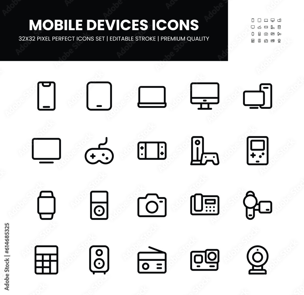 Mobile Devices icons set in 32 x 32 pixel perfect with editable stroke