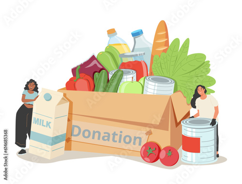 Tiny People Filling Cardboard Donation Box with Different Food and Products for Help to Poor People in Shelter.