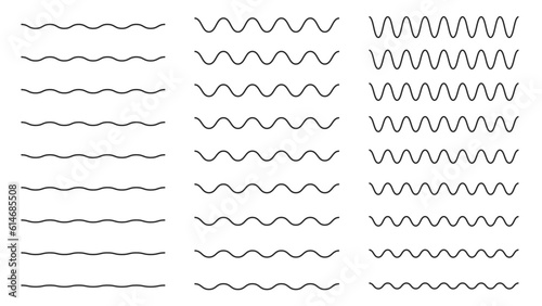 Line horizontal water wave. Wavy sinusoidal outline horizontal divider, wavy smooth ripple stripes, straight and curved line. Vector isolated set photo