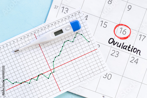 Female period calendar with word Ovulation and thermometer. Pregnancy planning background