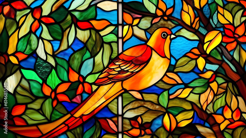 Vibrant Stained Glass Art: Colorful Birds in Stained Glas. Generative AI. © caportof