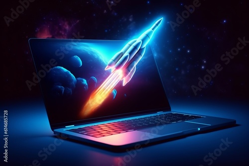 Rocket and laptop in blue neon background, Generative AI