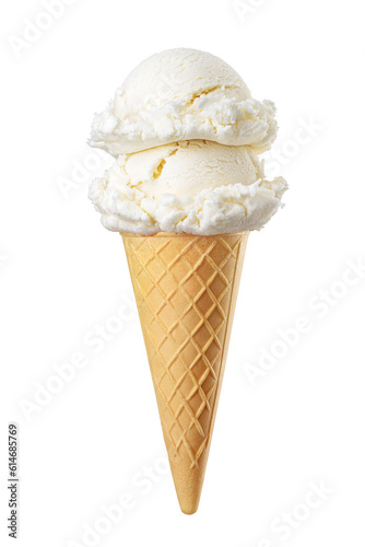 Vanilla ice cream scoops served on a waffle cone isolated. Transparent PNG image.