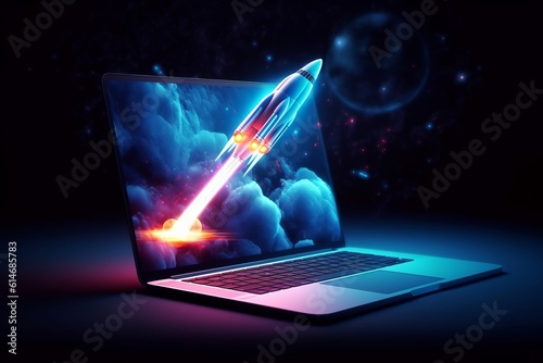 Rocket and laptop in blue neon background, Generative AI
