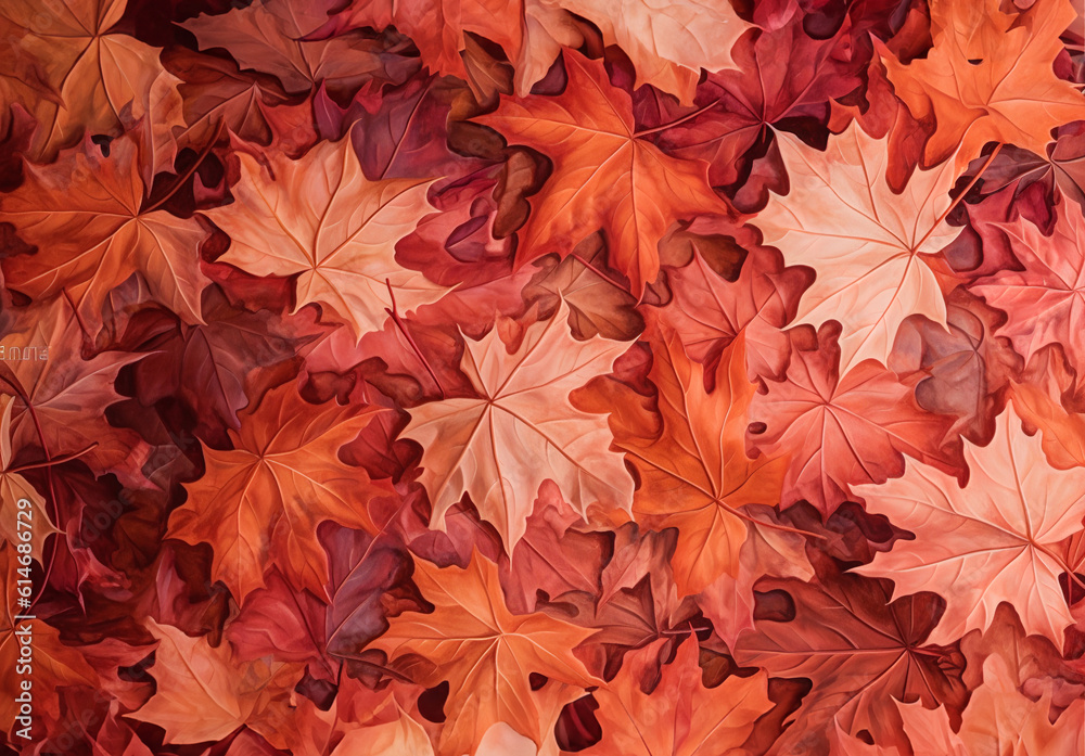 Flat lay autumn background of fallen leaves in warm colors, red, golden yellow and orange illustrated leaves. A leaf falling from a tree, a symbol of autumn. Illustration. Generative AI.
