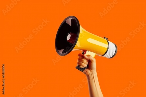 Photo Hand holding megaphone, marketing and sales, orange background, Generative AI