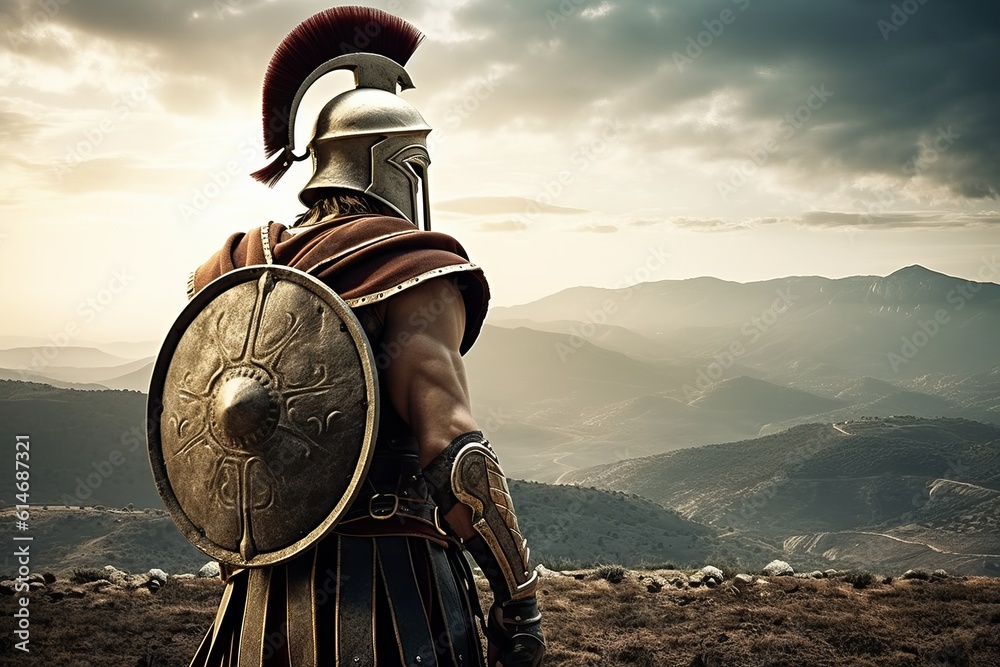Spartan warrior in armor on battlefield landscape Generative AI Stock Spartan warrior in armor on battlefield landscape Generative AI Stock
