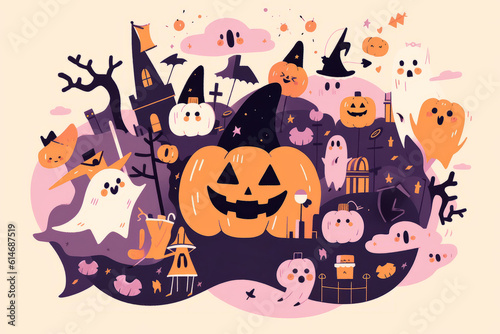 Cute halloween illustration with ghosts and pumpkins