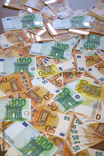 Euro banknotes on the table. Close up of euro cash money background, concept of finance and good earnings