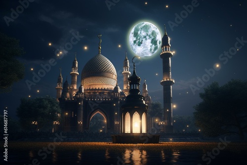 An Islamic mosque with a lantern on a crescent moon backdrop, perfect for product display or a Muslim invitation celebrating Eid Mubarak. Generative AI