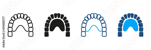Maxilla, Lower Jaw Pictogram. Human Jaw with Teeth and Tongue Silhouette and Line Icons Set. Jawbone Physiology. Dentistry, Dental Treatment Symbol Collection. Isolated Vector Illustration