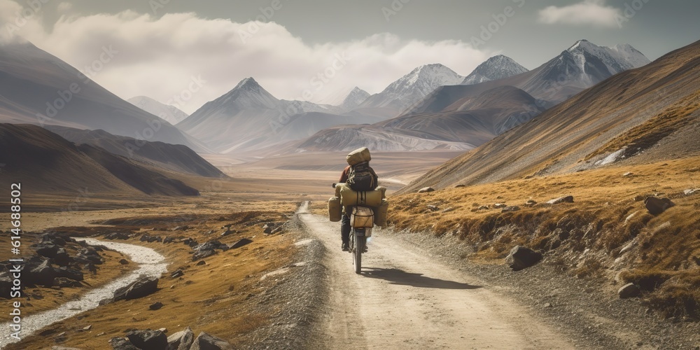 AI Generated. AI Generative. Mountain bike cycling active fit sport adventure trip with luggage. Graphic Art