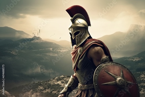 Spartan soldier on battlefield with helmet, Generative AI