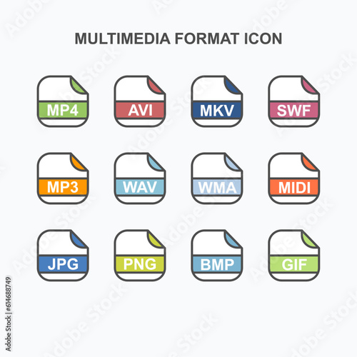 Set of Multimedia File Extension, Rounded Square Icon with Text - Format Extension Icon Vector Illustration.