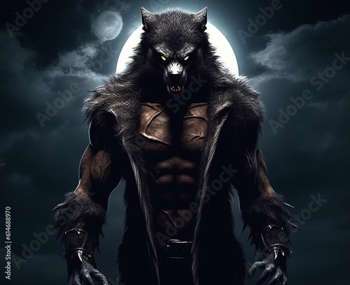 Werewolf in jacket and hood, moon in background, Generative AI