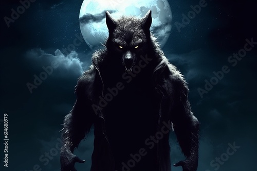 Werewolf in jacket and hood, moon in background, Generative AI