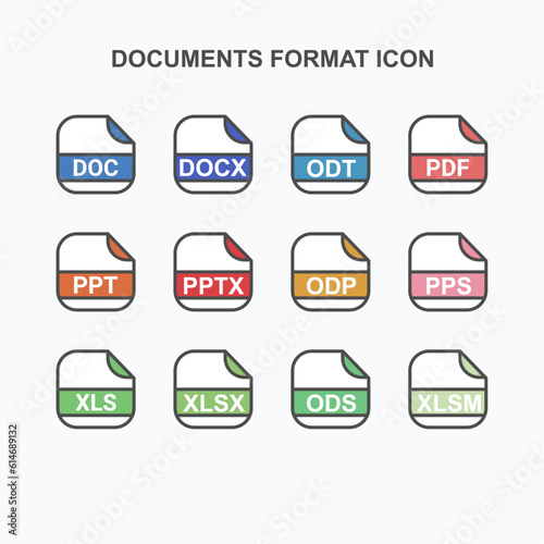 Set of Documents Office Formatting, File Extension, Rounded Square Icon with Text - Format Extension Icon Vector Illustration.