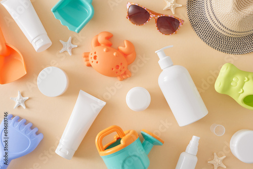 Summer skincare concept for children's sensitive skin. Top view flat lay of cosmetic bottles without label, eyewear, beach toys, panama hat, starfish on pastel beige background