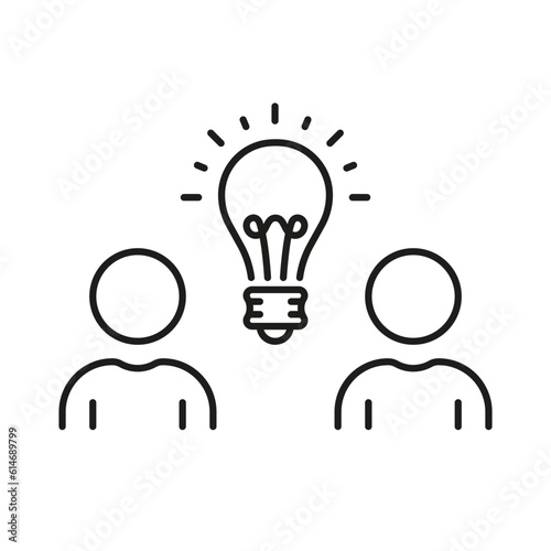 Business Idea Linear Pictogram. Team and Light Bulb, Teamwork Line Icon. Innovation, Solution Sign. Creative Community with Lightbulb Outline Symbol. Editable Stroke. Isolated Vector Illustration