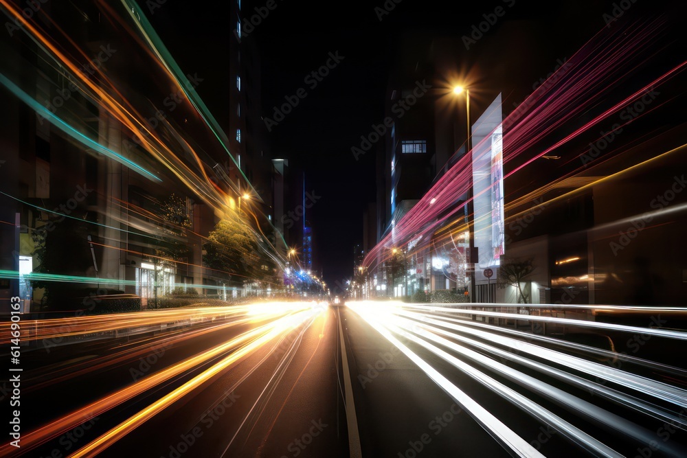 Abstract long exposure dynamic speed light trails wallpaper background. Generative AI.