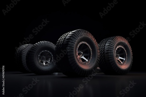 the concept of changing tires on a car. car wheels on a black background. generative ai.