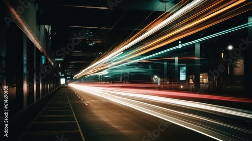 Abstract long exposure dynamic speed light trails wallpaper background. Generative AI. © SaraY Studio 