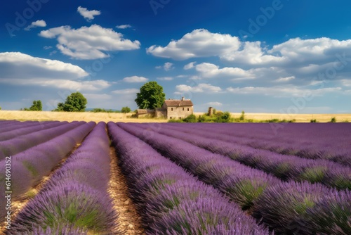 Beautiful lavender field purple blue sky farm. Lavender field. Generative AI.