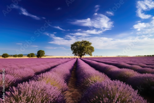 Beautiful lavender field purple blue sky farm. Lavender field. Generative AI.