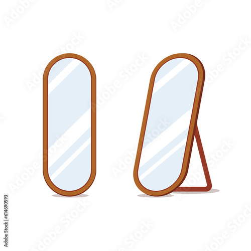 Floor mirror stand isolated vector cartoon design. Room floor big mirror stand illustration bedroom interior set fashion beauty furniture.