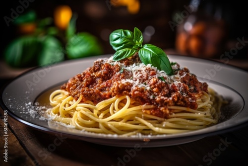 Spaghetti Bolognese topped with grated parmesan cheese and fresh basil leaves on a white plate