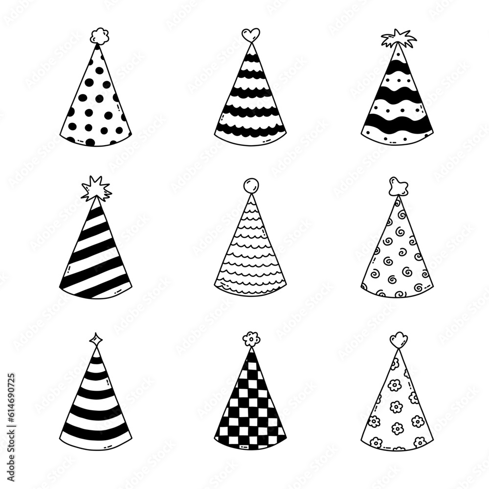 Cute set with birthday party hat with pompon above. Sketch of party cone and Christmas cap with cute decoration. Simple vector black doodle with hand drawn outline isolated on white background. Cute set with birthday party hat with pompon above. Sketch of party cone and Christmas cap with cute decoration. Simple vector black doodle with hand drawn outline isolated on white background.