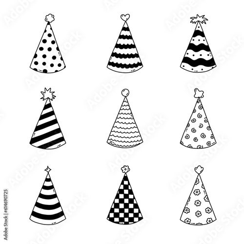 Cute set with birthday party hat with pompon above. Sketch of party cone and Christmas cap with cute decoration. Simple vector black doodle with hand drawn outline isolated on white background.