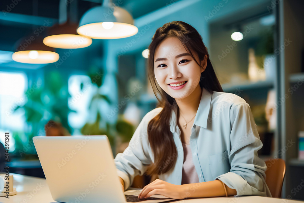 Asian office working girl with a radiant smile sits in front of her laptop computer, immersed in work, against a soothing blue turquoise background. generative AI. Asian office working girl with a radiant smile sits in front of her laptop computer, immersed in work, against a soothing blue turquoise background. generative AI.