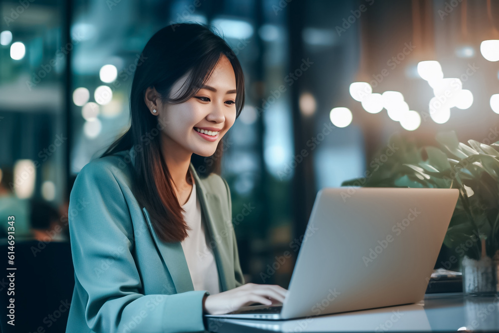 Asian office working girl with a radiant smile sits in front of her laptop computer, immersed in work, against a soothing blue turquoise background. generative AI. Asian office working girl with a radiant smile sits in front of her laptop computer, immersed in work, against a soothing blue turquoise background. generative AI.