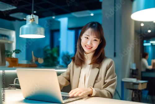 Asian office working girl with a radiant smile sits in front of her laptop computer, immersed in work, against a soothing blue turquoise background. generative AI.