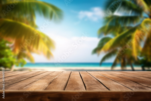 An empty wooden table with a tropical beach as a backdrop, banner, background, wallpaper, packaging. Generative AI.