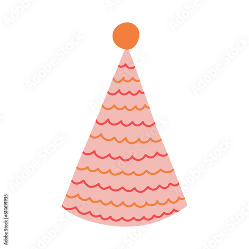 Birthday party hat in bright color with pompon above. Party cone and Christmas cap with cute decoration. Hand drawn vector illustration clipart in colorful doodle style isolated on white background