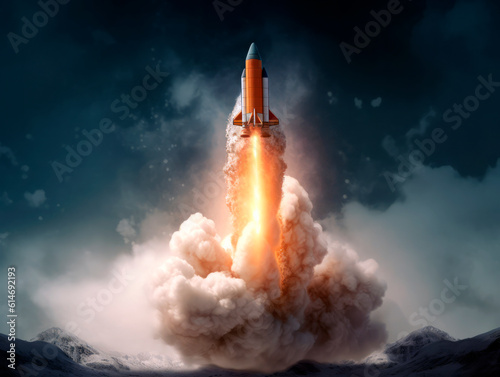 Rocket starts from abstract ground. Spaceship launch with fire and smoke. Concept of a successful start up of a business. Creative idea  education online. Ai Generative illustration