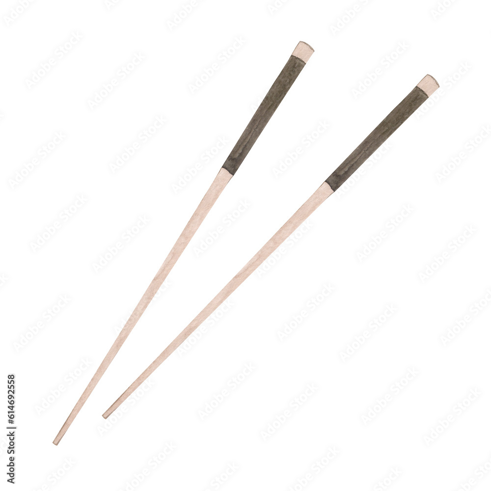 Watercolor illustration of wooden asian chopsticks. Hand drawn. Japanese and Chinese cuisine.