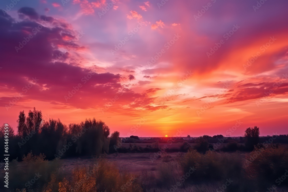 Purple orange pink sunset. Beautiful evening sky with cloud. Generative AI.