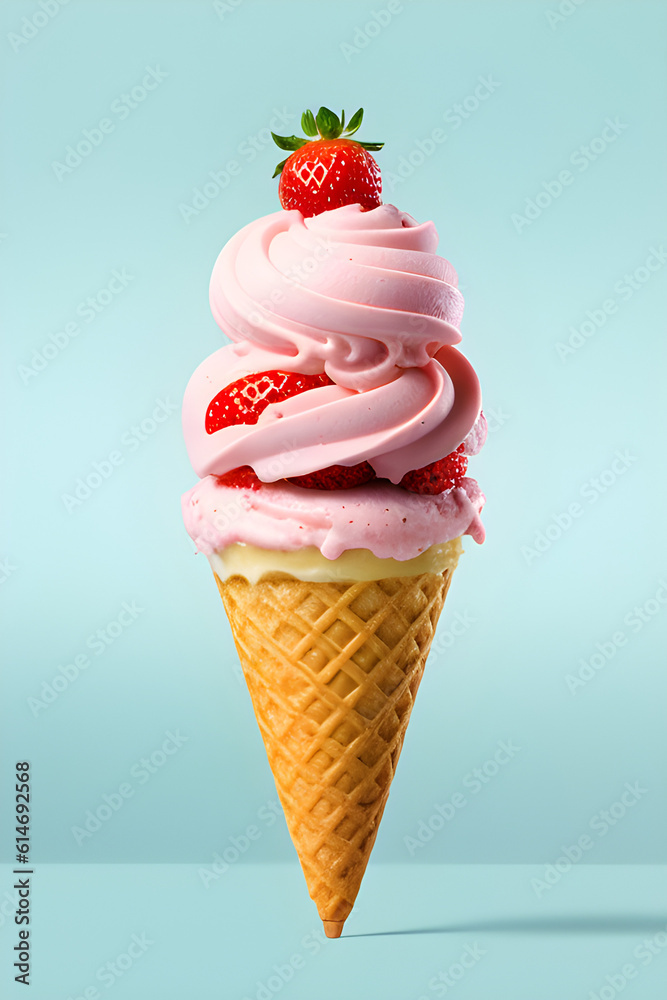 strawberry ice cream cone on a blue background, generative ai strawberry ice cream cone on a blue background, generative ai