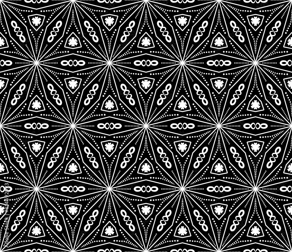 Fototapeta premium Black and white seamless tillable simple pattern with floral and ornamental accents