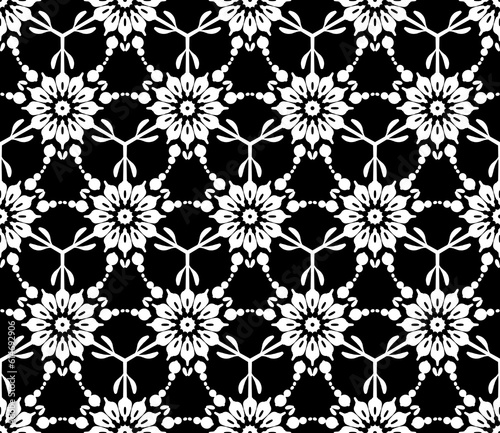 Black and white seamless tillable simple pattern with floral and ornamental accents