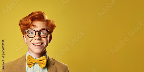 Happy ginger teenage boy with big eyeglasses and bow ties. Isolated on solid yellow background  photo