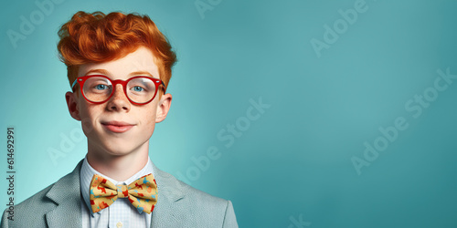 Happy ginger teenage boy with big eyeglasses and bow ties. Isolated on solid blue background  photo