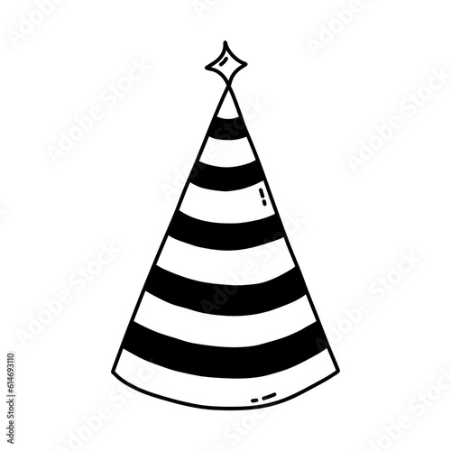 Birthday party hat with star above. Sketch of party cone and Christmas cap with cute decoration. Simple vector black doodle with hand drawn outline isolated on white background
